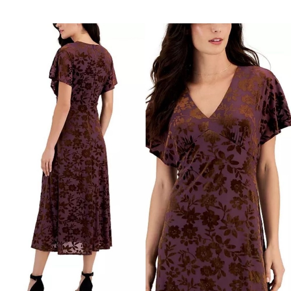 Taylor Purple Burnout Flutter Sleeve Dress